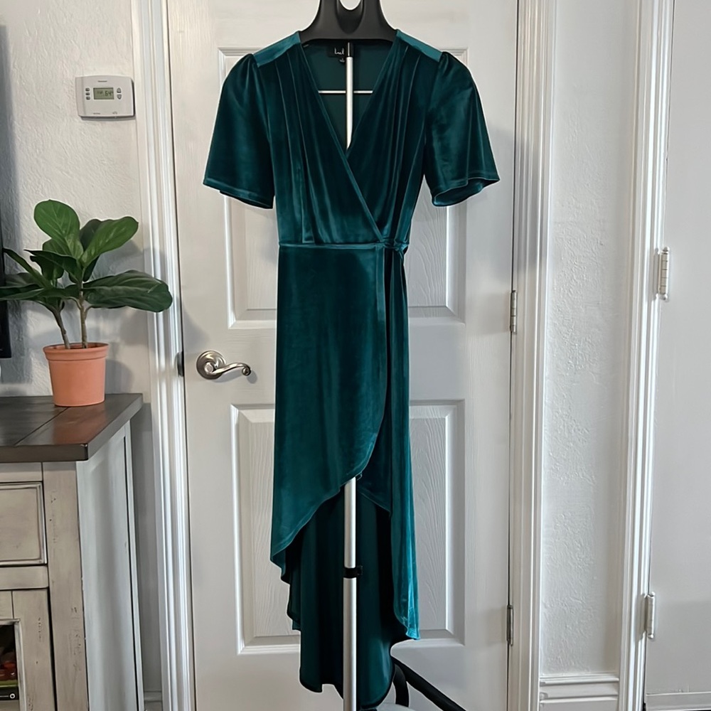Lulus teal green velvet high-low wrap dress size S